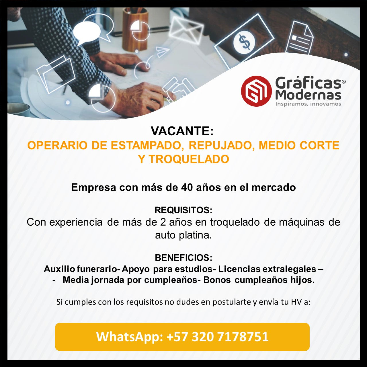 OPERARIO DE ESTAMPADO, REPUJADO, MEDIO CORTE Y TROQUELADO | GRÁFICAS MODERNAS